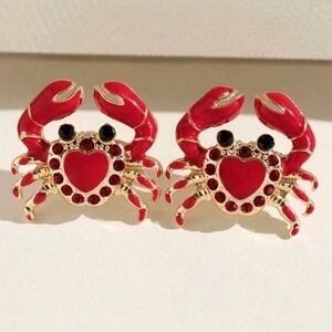 NEW! Colorful Enamel Red and Gold Crab Stud Earrings